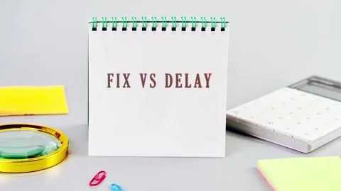 A white spiral notebook displays FIX VS DELAY on a grey office desk, surrounded Stock Footage 335079394