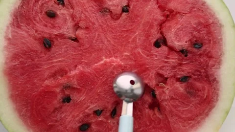 White spoon scooping fresh watermelon pieces ASMR relaxation Video stock 314022500