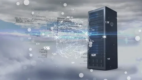 White spots floating over globe of network of connections and computer server in Vidéo 157676832