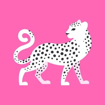 White spotted leopard on pink background. Graphic flat vector illustration. Stock Illustration