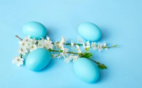White spring branch of flowers with easter eggs on a blue background Foto stock