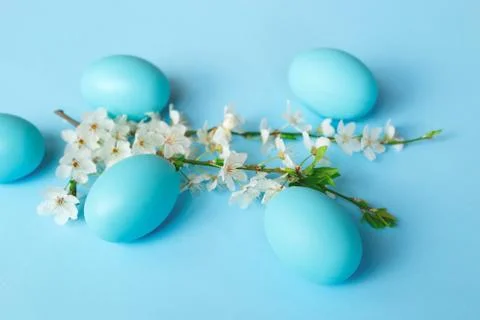 White spring branch of flowers with easter eggs on a blue background Foto stock