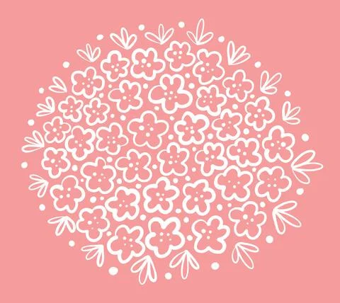 White spring flowers in a circle on a rose background. Simple linear style. Stock Illustration