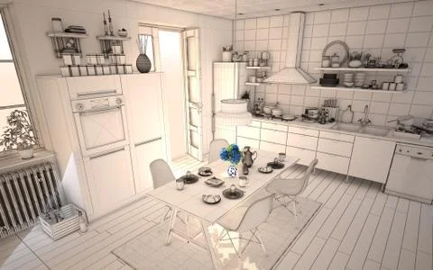 White Spring Kitchen with Full Wireframe - 4k Ultra HD Stock Photos