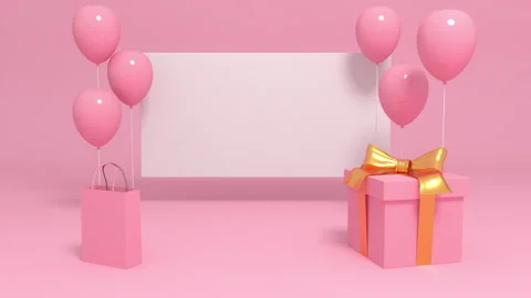White square banner with empty space. 3D ballons floating, bag and gift fall. Video stock 250666168