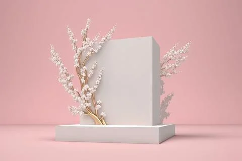 White square base with cherry blossoms on top on a pink background. Premium.. Stock Illustration