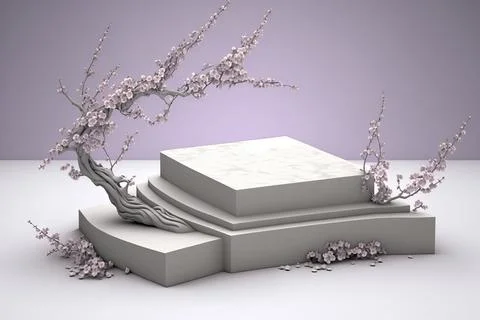 The white square base has cherry blossoms on top. on a purple background Pr.. Stock Illustration