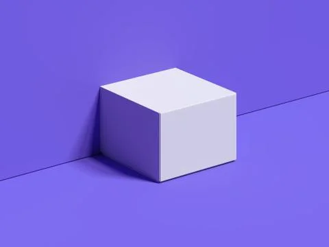 White square box stands next to the violet wall and floor, 3d rendering Illustrazione stock