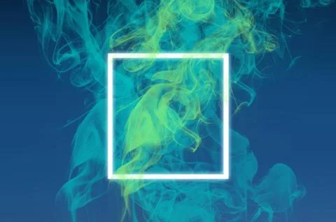 White square frame on cloud of white smoke on blue 库存照片