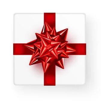 White square gift box with big shiny red bow ribbon top view isolated on white Stock-Illustration