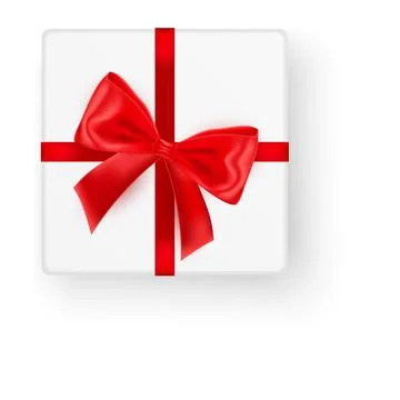 White square gift box with big shiny red bow ribbon top view isolated on white Stock Illustration
