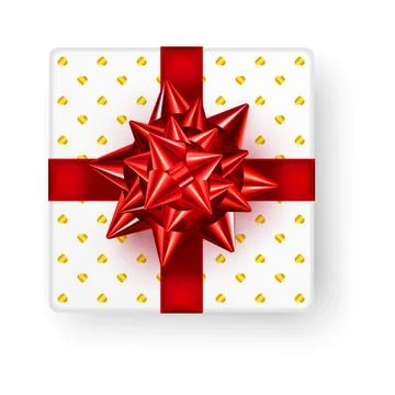 White square gift box with big shiny red bow ribbon and glossy small golden Stock Illustration