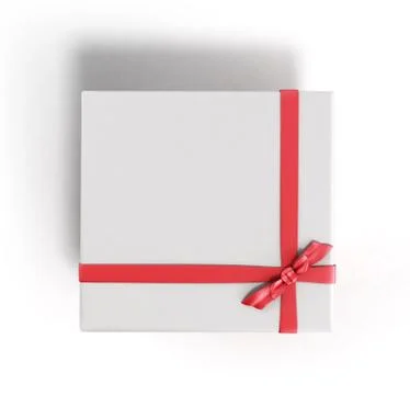 White Square Gift Box close with Red Ribbon and Bow top 3d render Isolated on Stock Illustration