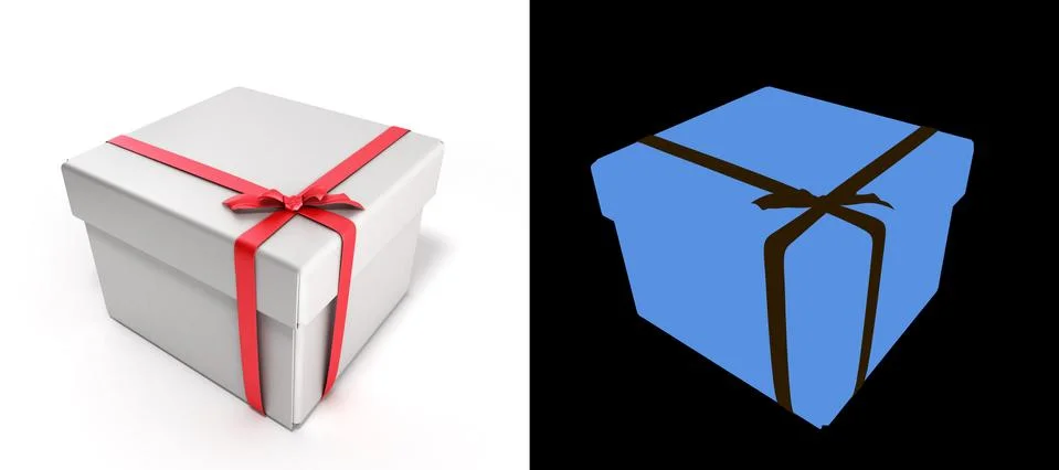 White Square Gift Box close with Red Ribbon and Bow 3d render Isolated on Bac Illustrazione stock