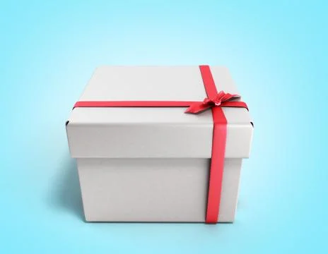 White Square Gift Box with Red Ribbon and Bow 3d render on gradient Backgroun Illustrazione stock