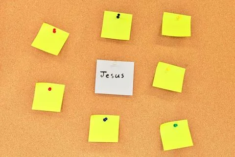 White Square Note With The Name Jesus And Yellow Note Squares Stock Photos
