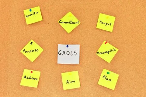 White Square Note With Word Goals And Yellow Note Squares Stock Photos