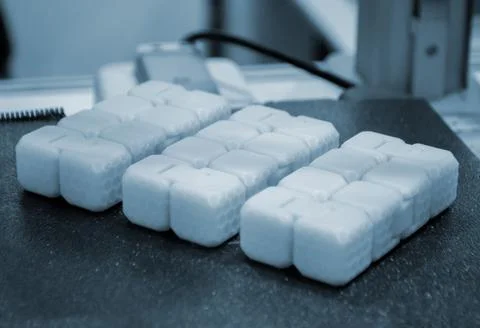 A white square object build surface 3D printer close up. A white plastic model Stock Photos