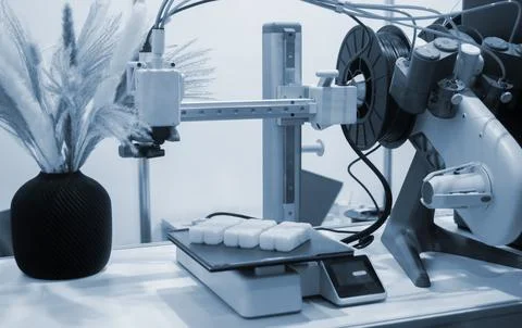 A white square object build surface 3D printer close up. A white plastic model Stock Photos