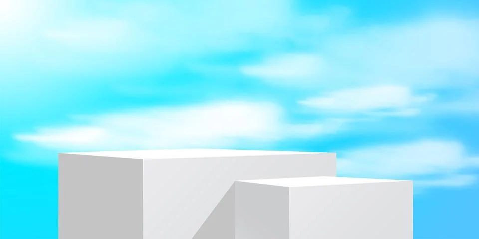 White square podium for product presentation on background of blue sky. Illustrazione stock