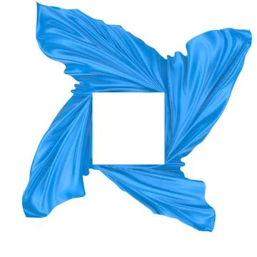 White square surface surrounded by blue wavy fabric, silk or satin. 3d render Stock Illustration