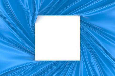 White square surface surrounded by blue wavy fabric, silk or satin. 3d render Stock Illustration