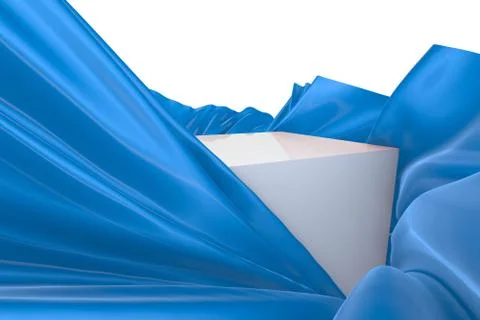 White square surface surrounded by blue wavy fabric, silk or satin. 3d render Stock Illustration