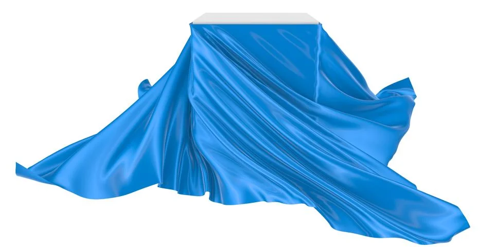 White square surface surrounded by blue wavy fabric, silk or satin. 3d render Stock Illustration