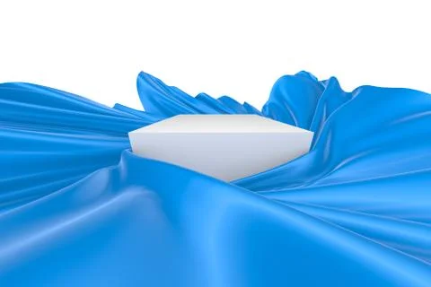 White square surface surrounded by blue wavy fabric, silk or satin. 3d render Stock Illustration
