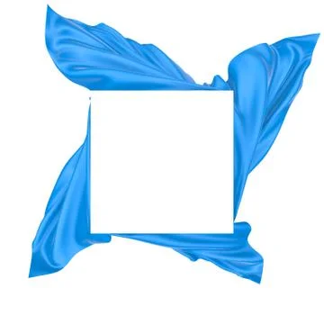 White square surface surrounded by blue wavy fabric, silk or satin. 3d render Stock Illustration