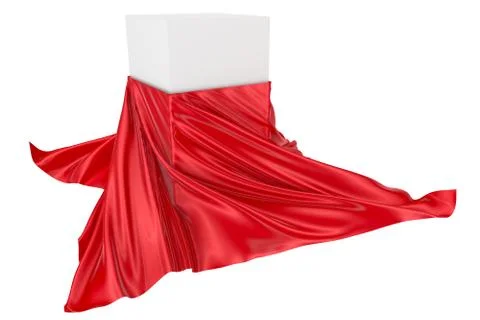 White square surface surrounded by red wavy fabric, silk or satin. 3d renderi Stock Illustration