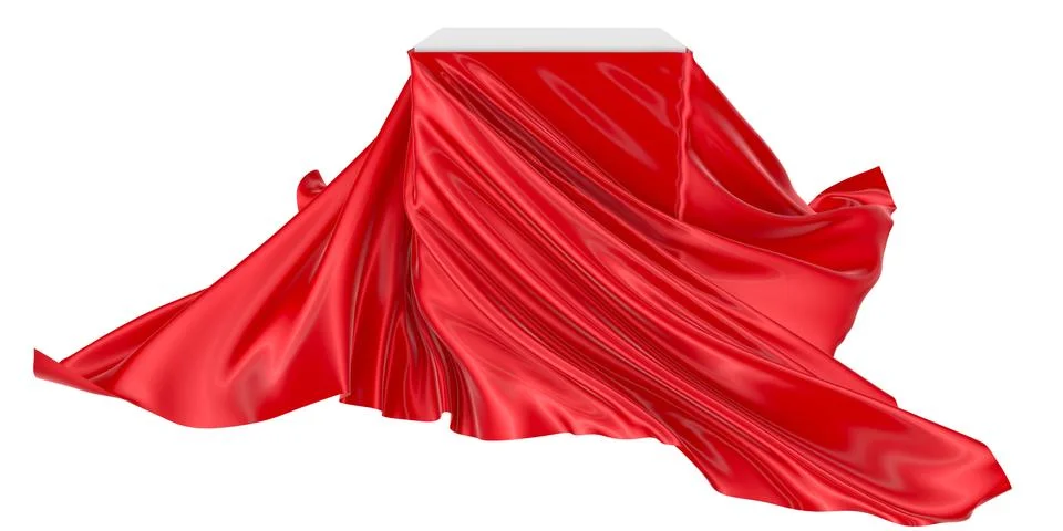 White square surface surrounded by red wavy fabric, silk or satin. 3d renderi Stock Illustration