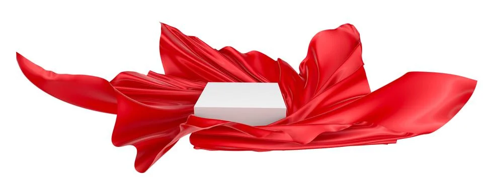 White square surface surrounded by red wavy fabric, silk or satin. 3d renderi Stock Illustration