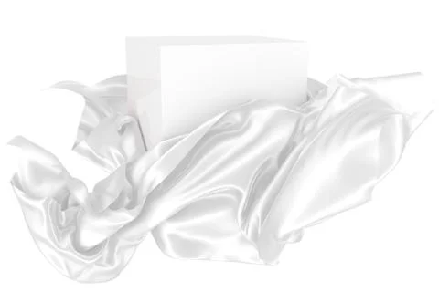 White square surface surrounded by white wavy fabric, silk or satin. 3d rende Stock Illustration
