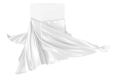 White square surface surrounded by white wavy fabric, silk or satin. 3d rende Stock Illustration