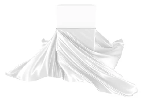 White square surface surrounded by white wavy fabric, silk or satin. 3d rende Stock Illustration