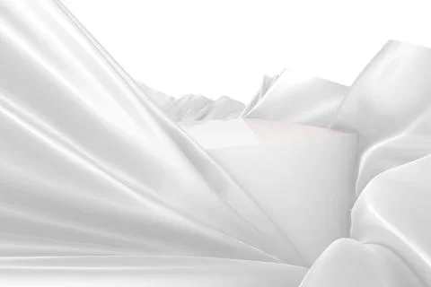 White square surface surrounded by white wavy fabric, silk or satin. 3d rende Stock Illustration