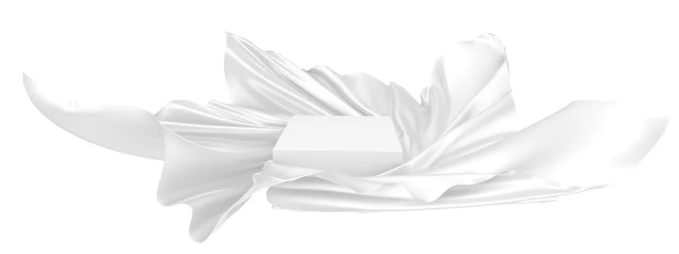White square surface surrounded by white wavy fabric, silk or satin. 3d rende Stock Illustration