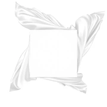 White square surface surrounded by white wavy fabric, silk or satin. 3d rende Stock Illustration