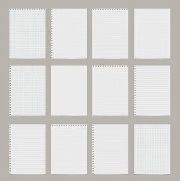White squared, lined and blank note, notebook paper are on grey background for Illustrazione stock
