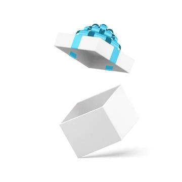 White squared open gift box with blue bow ribbon on cap present pack 3d ico.. Stock Illustration