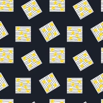 White squares with yellow shells and waves on a dark blue background. Hand dr Stock Illustration