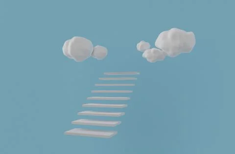 White stair steps and clouds, stairway to Heaven, 3d render Illustrazione stock