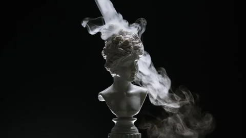 White statue sculpture on black background in smoke. Smoking, fog, vapour Stock Footage 264937304