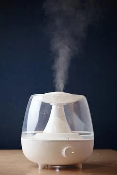 The white steam generator on the table is standing running emits steam view from Stock Photos