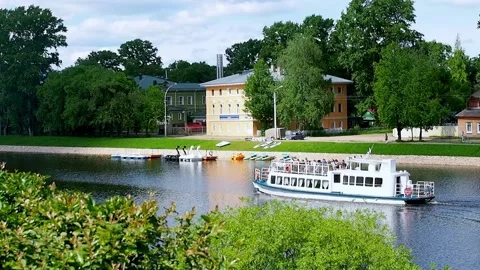 White steamer on the Vologda river-1 Stock Footage 155332893