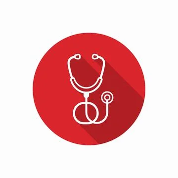 White stethoscope icon with long shadow on a red circle background, represe.. イラスト素材