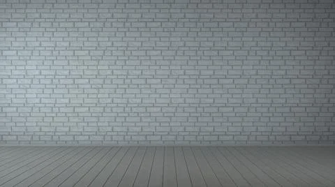 White stone brick wall and plank wood floor background. 3D illustration Ilustración de archivo