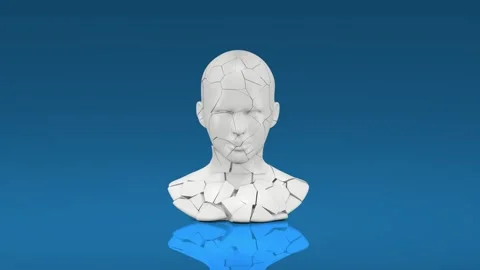 A white stone bust of a man falls and breaks into pieces, on a blue background. Stock Footage 252587380