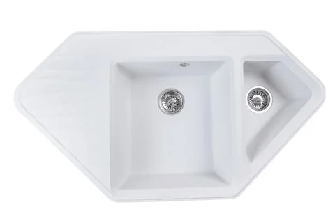 White stone kitchen sink two bowls isolated Stock Photos